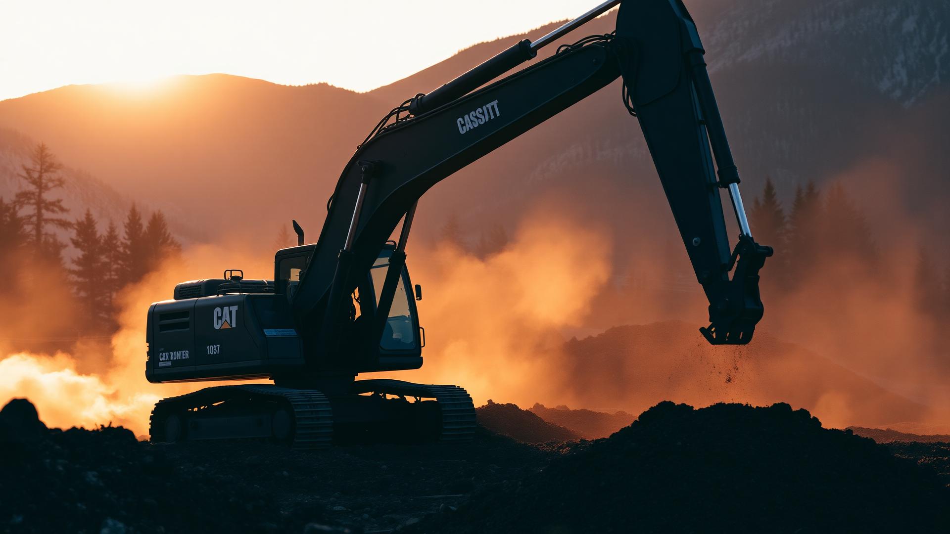 Excavator working a rock pile at dusk in the Gunnison high country